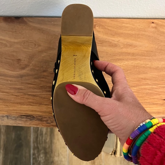 Veronica Beard Black Suede Mules with Tan Wooden Heels - Picture 8 of 8